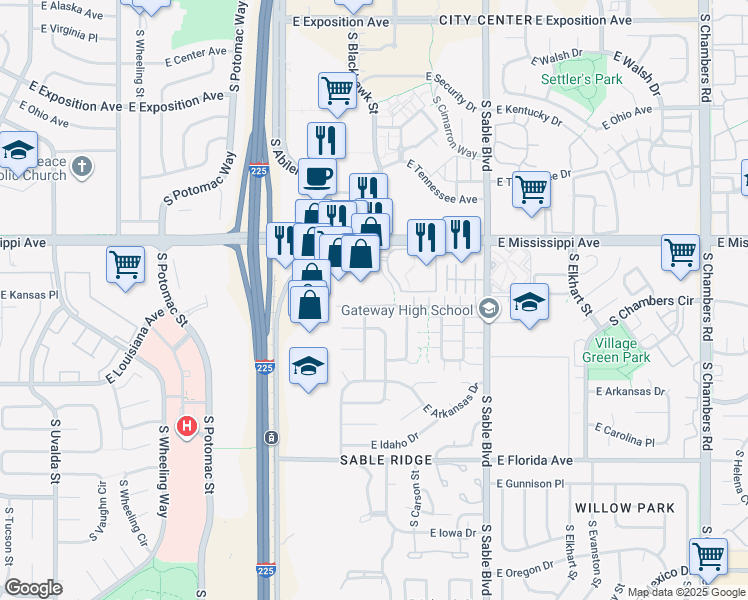 map of restaurants, bars, coffee shops, grocery stores, and more near 14005 East Arizona Avenue in Aurora