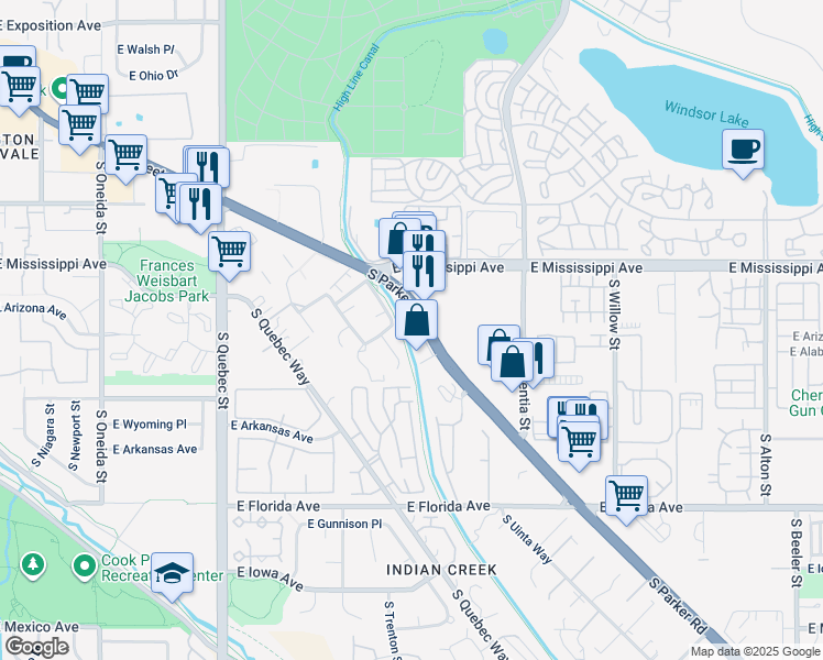 map of restaurants, bars, coffee shops, grocery stores, and more near 1205 South Rosemary Way in Denver
