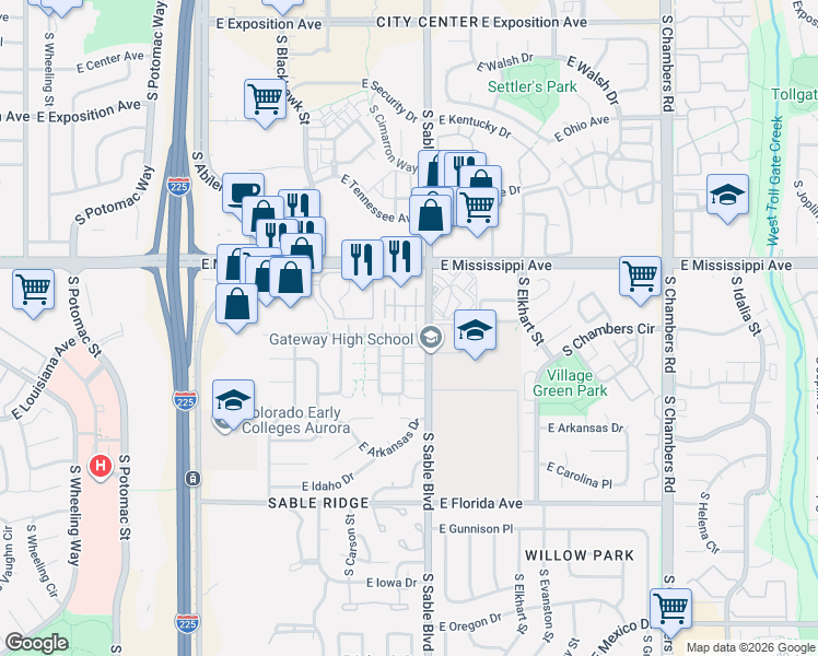 map of restaurants, bars, coffee shops, grocery stores, and more near 14483 East Arizona Avenue in Aurora