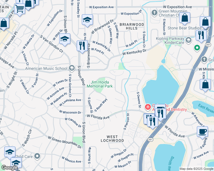 map of restaurants, bars, coffee shops, grocery stores, and more near 11272 West Arizona Avenue in Lakewood