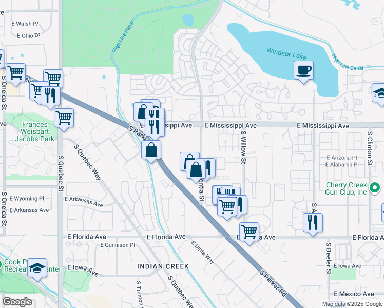 map of restaurants, bars, coffee shops, grocery stores, and more near 1266 South Valentia Street in Denver