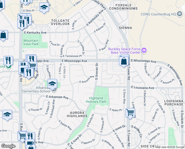 map of restaurants, bars, coffee shops, grocery stores, and more near 17897 East Arizona Avenue in Aurora