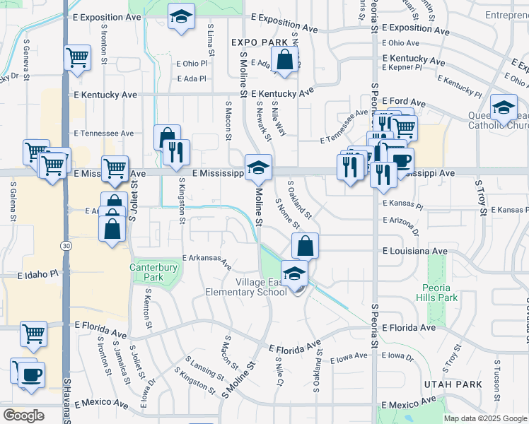 map of restaurants, bars, coffee shops, grocery stores, and more near 1260 South Moline Street in Aurora