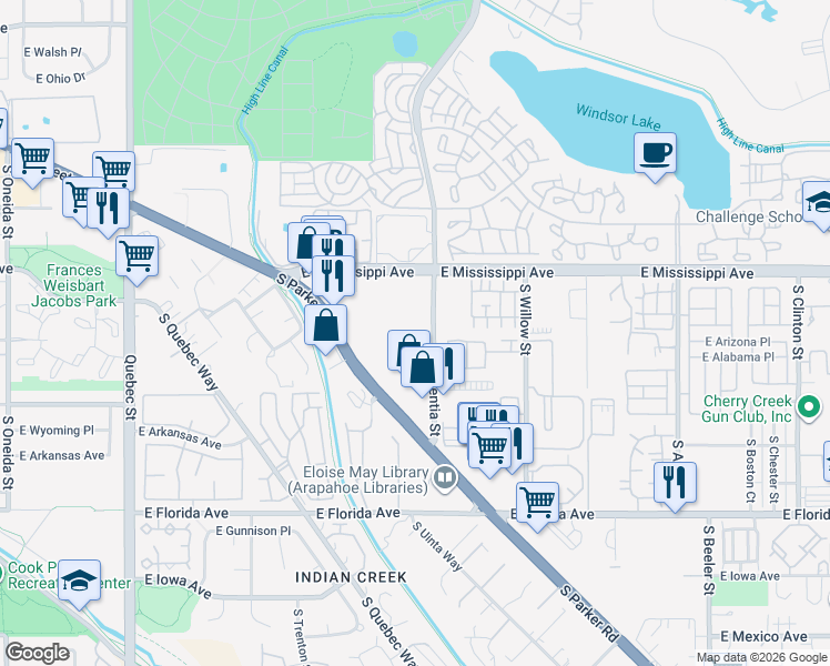 map of restaurants, bars, coffee shops, grocery stores, and more near 1266 South Valentia Street in Denver
