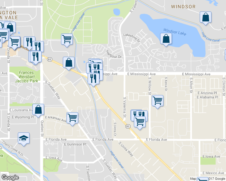 map of restaurants, bars, coffee shops, grocery stores, and more near 1302 South Parker Road in Denver