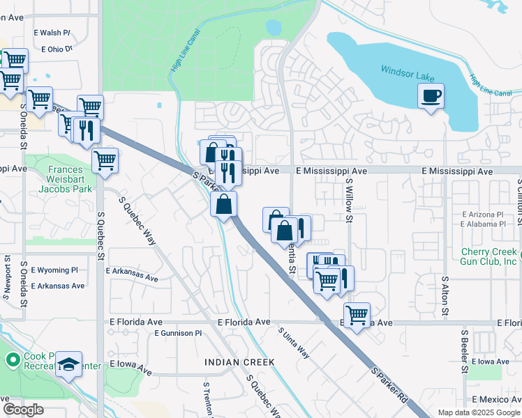 map of restaurants, bars, coffee shops, grocery stores, and more near 1302 South Parker Road in Denver