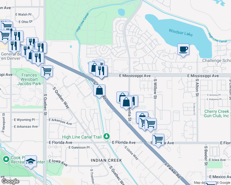 map of restaurants, bars, coffee shops, grocery stores, and more near 1302 South Parker Road in Denver