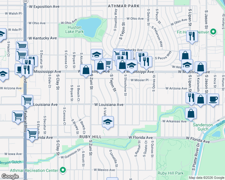 map of restaurants, bars, coffee shops, grocery stores, and more near 1220 South Tejon Street in Denver