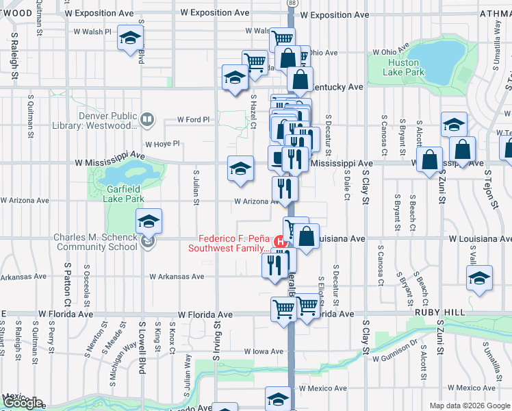 map of restaurants, bars, coffee shops, grocery stores, and more near 3130 West Arizona Avenue in Denver