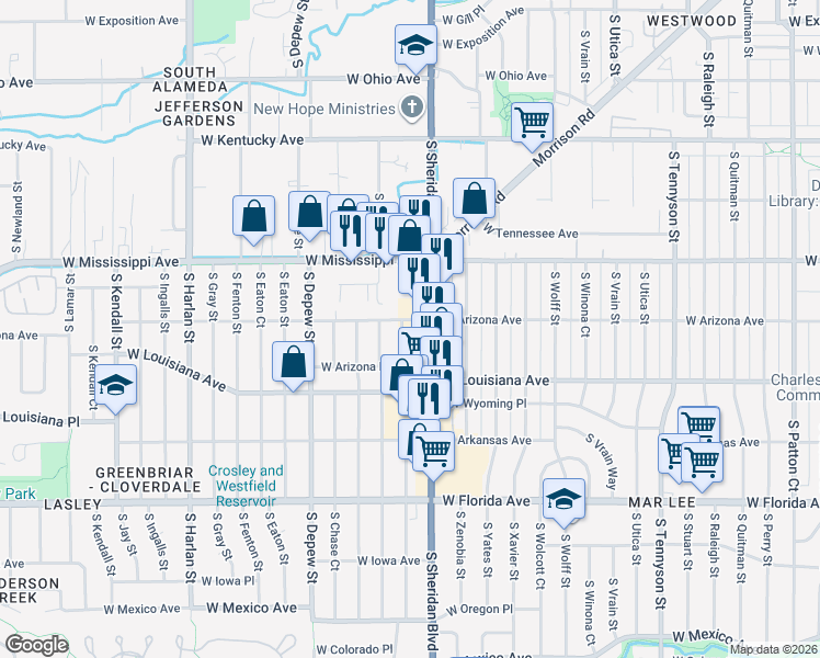 map of restaurants, bars, coffee shops, grocery stores, and more near 5290 West Arizona Avenue in Lakewood
