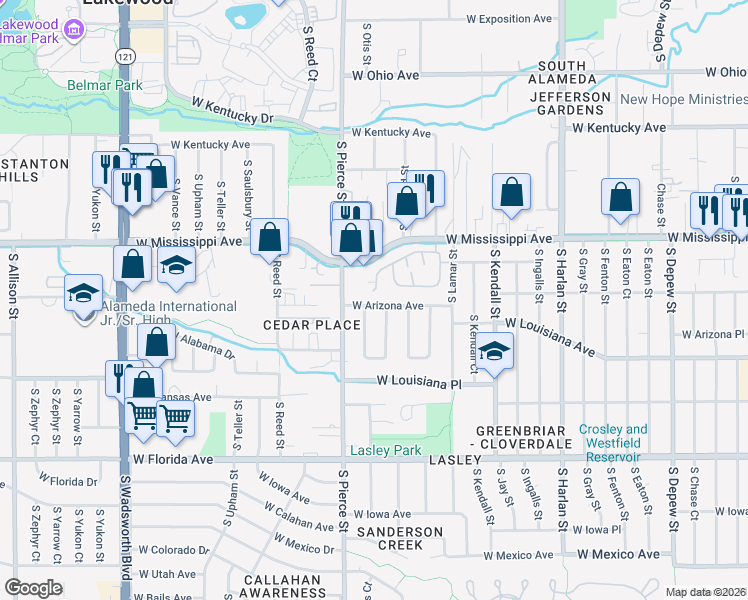 map of restaurants, bars, coffee shops, grocery stores, and more near 6676 West Arizona Avenue in Lakewood