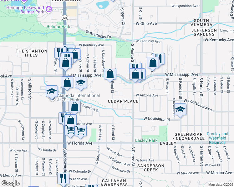 map of restaurants, bars, coffee shops, grocery stores, and more near 1210 South Reed Street in Lakewood