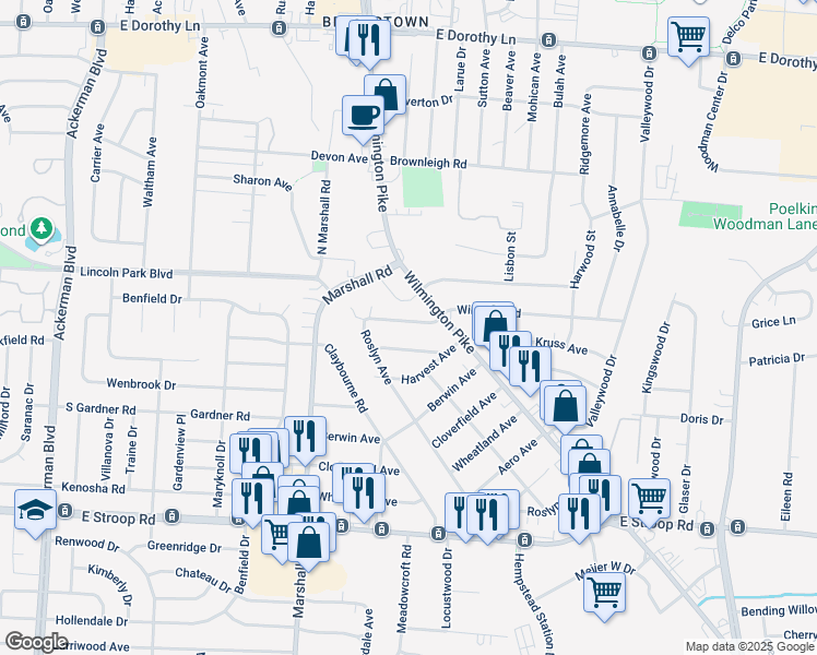 map of restaurants, bars, coffee shops, grocery stores, and more near 1415 Barton Avenue in Dayton