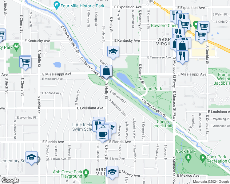 map of restaurants, bars, coffee shops, grocery stores, and more near 5645 East Minnesota Drive in Denver