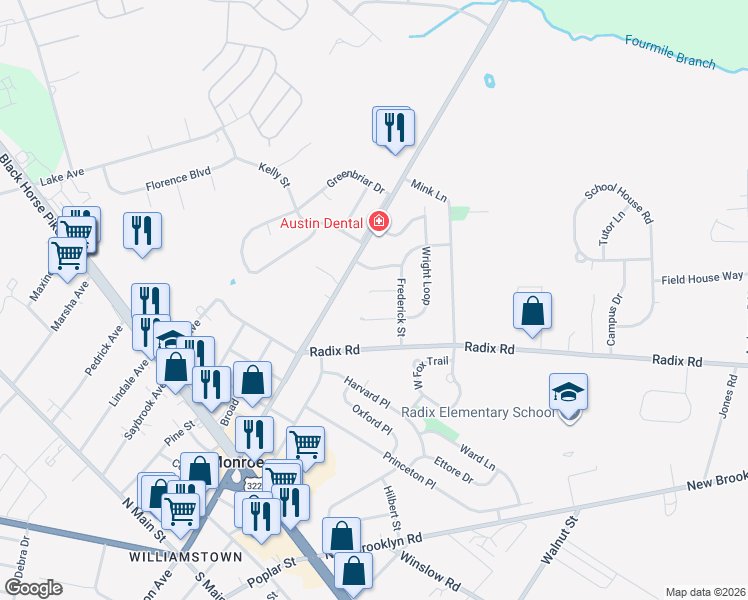 map of restaurants, bars, coffee shops, grocery stores, and more near 18 Wright Loop in Monroe