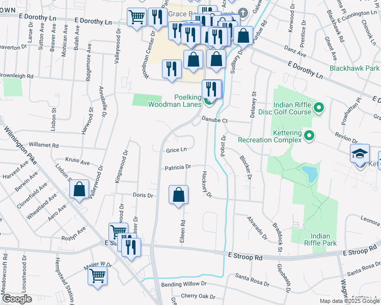 map of restaurants, bars, coffee shops, grocery stores, and more near 2188 Grice Lane in Dayton