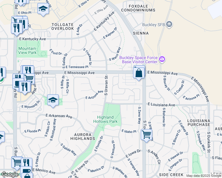 map of restaurants, bars, coffee shops, grocery stores, and more near 1180 South Waco Street in Aurora