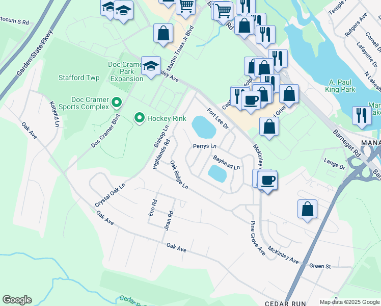 map of restaurants, bars, coffee shops, grocery stores, and more near 79 Perrys Lane in Stafford Township