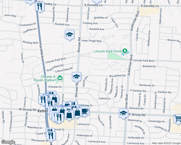 map of restaurants, bars, coffee shops, grocery stores, and more near 607 Brookfield Road in Dayton