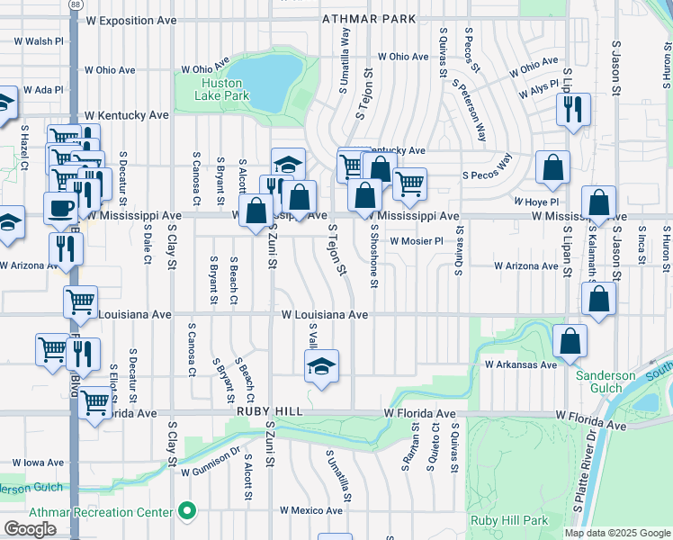 map of restaurants, bars, coffee shops, grocery stores, and more near 1220 South Tejon Street in Denver