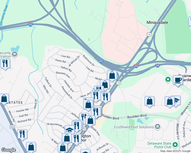 map of restaurants, bars, coffee shops, grocery stores, and more near 16 McMullen Avenue in Wilmington Manor