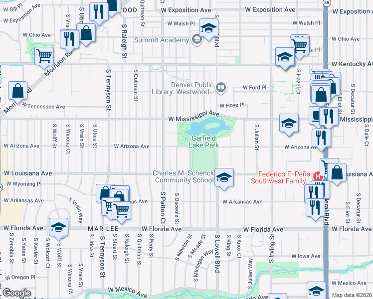 map of restaurants, bars, coffee shops, grocery stores, and more near 1224 South Osceola Street in Denver