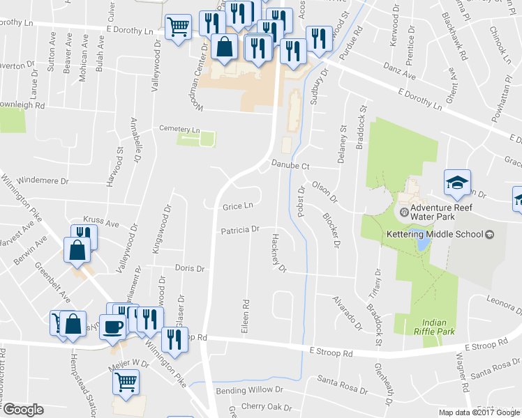 map of restaurants, bars, coffee shops, grocery stores, and more near 2188 Grice Lane in Dayton
