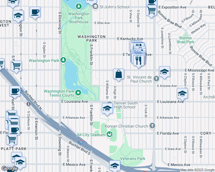 map of restaurants, bars, coffee shops, grocery stores, and more near 1200 South Williams Street in Denver