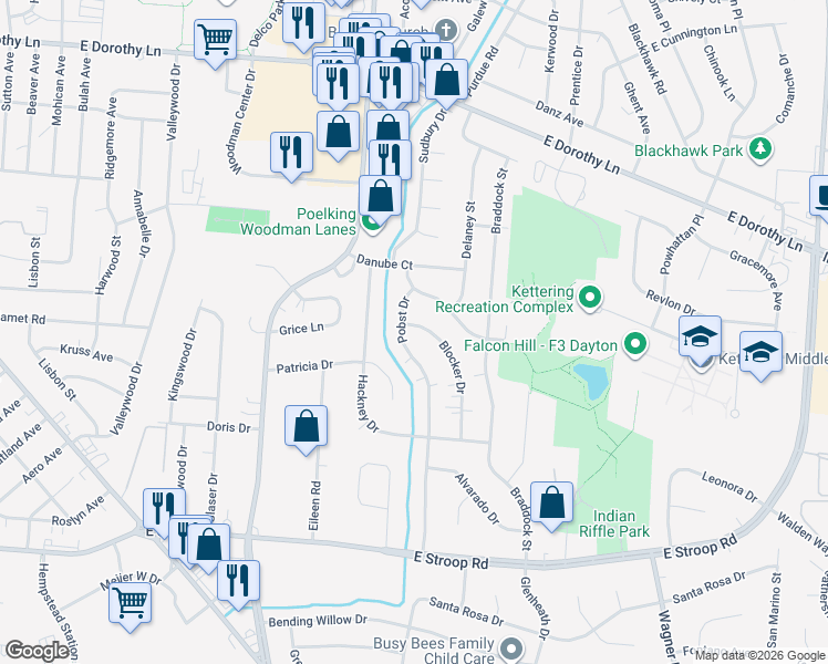 map of restaurants, bars, coffee shops, grocery stores, and more near 3420 Pobst Drive in Dayton