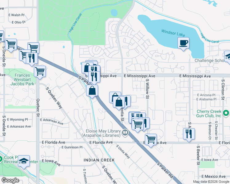 map of restaurants, bars, coffee shops, grocery stores, and more near 1266 South Valentia Street in Denver