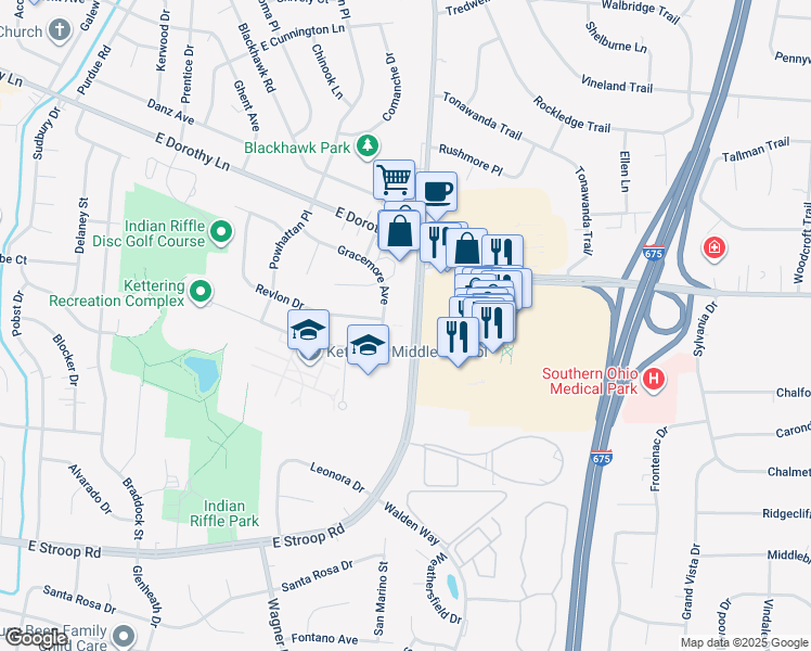 map of restaurants, bars, coffee shops, grocery stores, and more near 3313 East Stroop Road in Kettering