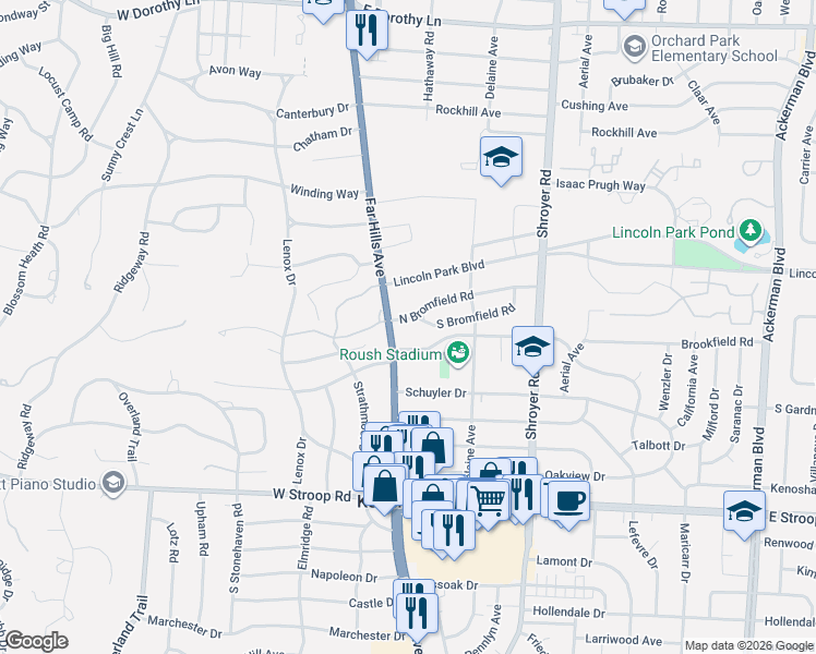 map of restaurants, bars, coffee shops, grocery stores, and more near 109 Storms Road in Dayton