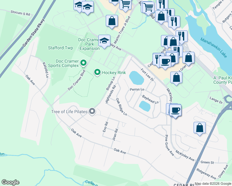 map of restaurants, bars, coffee shops, grocery stores, and more near 71 Oak Ridge Lane in Stafford Township
