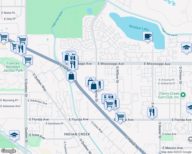 map of restaurants, bars, coffee shops, grocery stores, and more near 1266 South Valentia Street in Denver