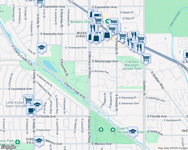map of restaurants, bars, coffee shops, grocery stores, and more near 1250 South Monaco Parkway in Denver
