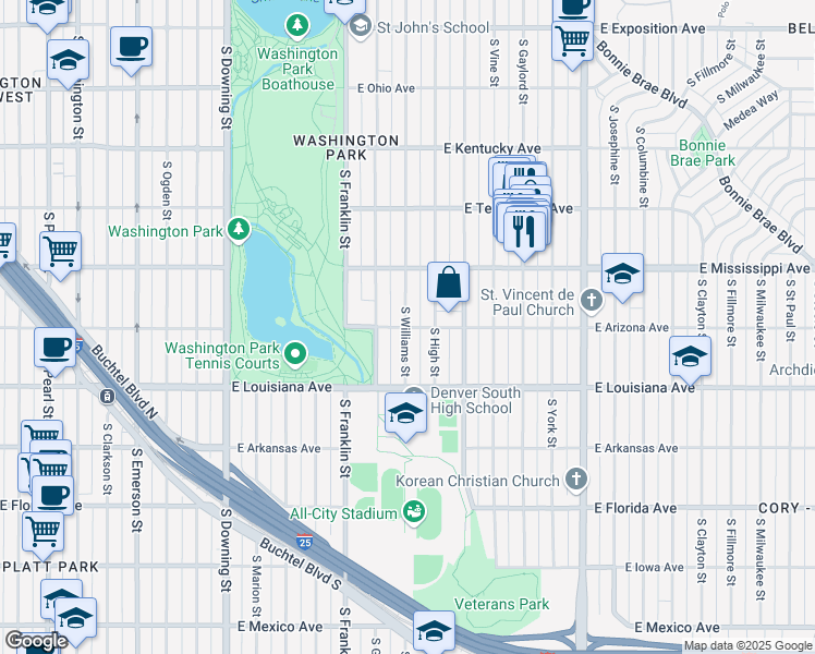 map of restaurants, bars, coffee shops, grocery stores, and more near 1200 South Gilpin Street in Denver