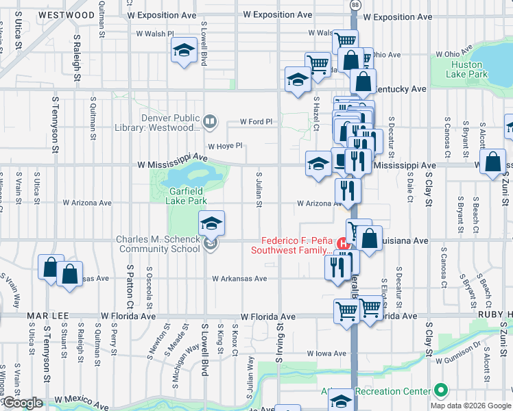 map of restaurants, bars, coffee shops, grocery stores, and more near 1221 South Julian Street in Denver
