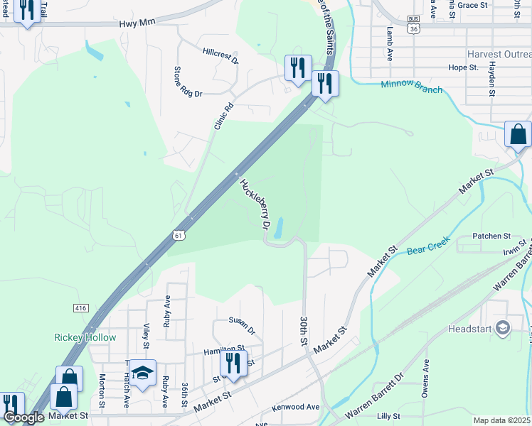 map of restaurants, bars, coffee shops, grocery stores, and more near Huckleberry Drive in Hannibal
