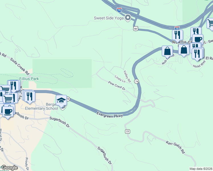 map of restaurants, bars, coffee shops, grocery stores, and more near 30282 Pine Crest Drive in Evergreen