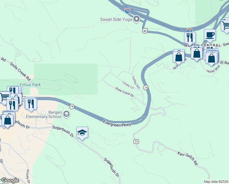 map of restaurants, bars, coffee shops, grocery stores, and more near 30282 Pine Crest Drive in Evergreen