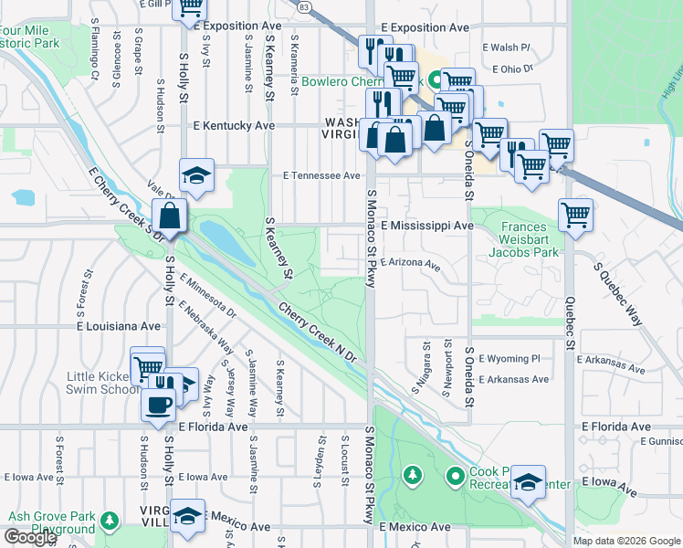 map of restaurants, bars, coffee shops, grocery stores, and more near 1275 South Monaco Parkway in Denver