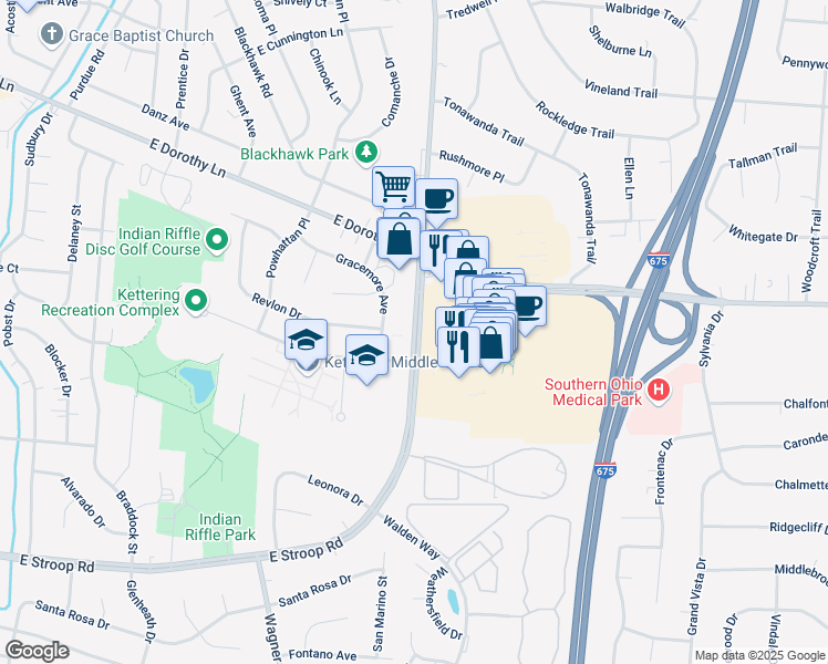 map of restaurants, bars, coffee shops, grocery stores, and more near 3321 East Stroop Road in Kettering