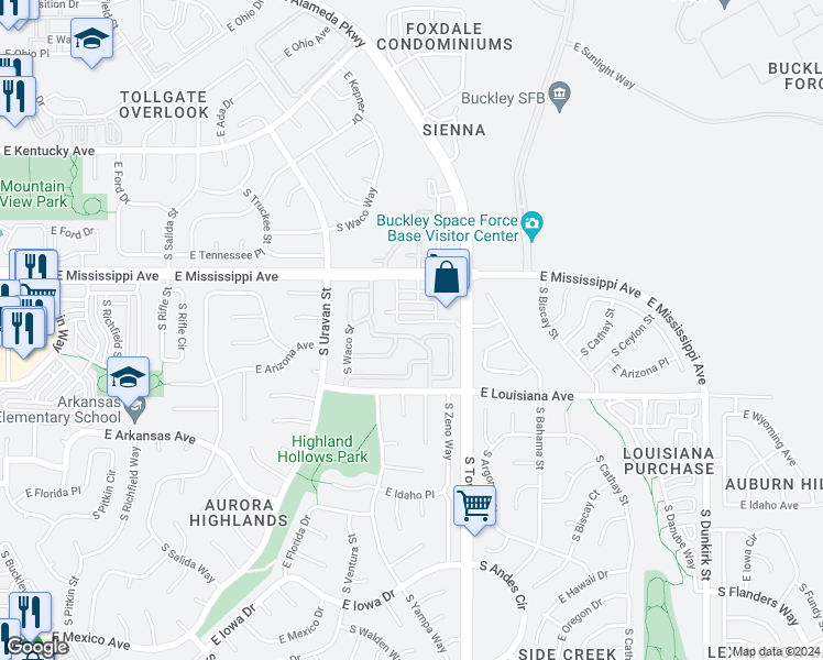 map of restaurants, bars, coffee shops, grocery stores, and more near 1203A South Zeno Way in Aurora