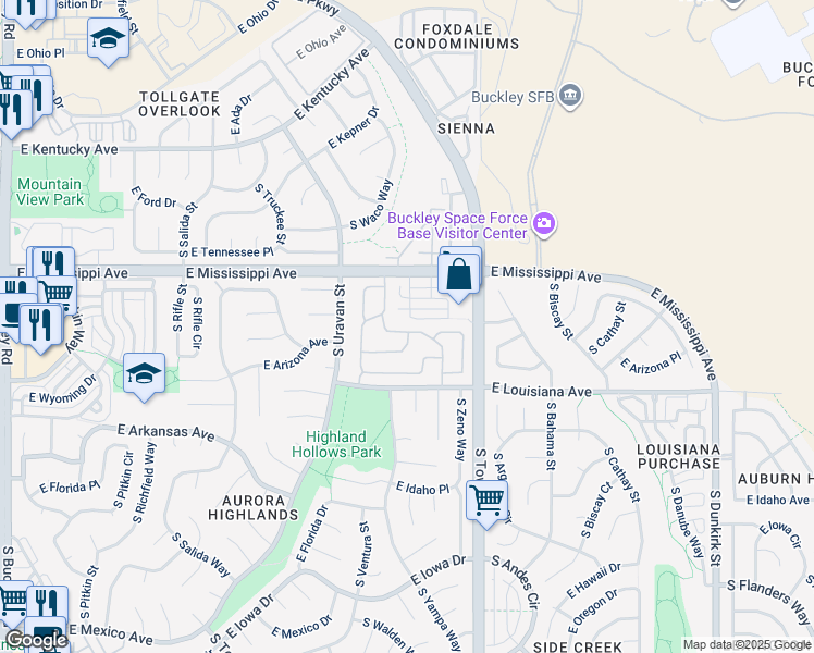 map of restaurants, bars, coffee shops, grocery stores, and more near 1203A South Zeno Way in Aurora