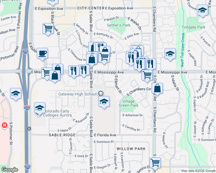 map of restaurants, bars, coffee shops, grocery stores, and more near 1172 South Eagle Circle in Aurora