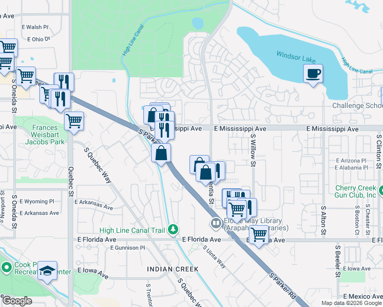 map of restaurants, bars, coffee shops, grocery stores, and more near 1302 South Parker Road in Denver