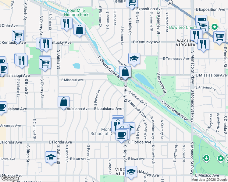 map of restaurants, bars, coffee shops, grocery stores, and more near 1190 South Grape Street in Denver