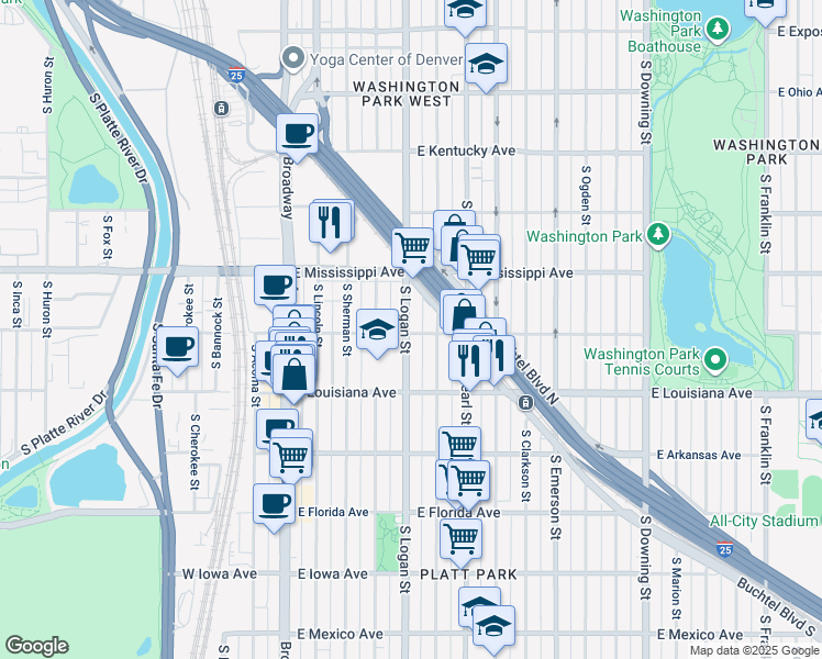 map of restaurants, bars, coffee shops, grocery stores, and more near 1213 South Pennsylvania Street in Denver