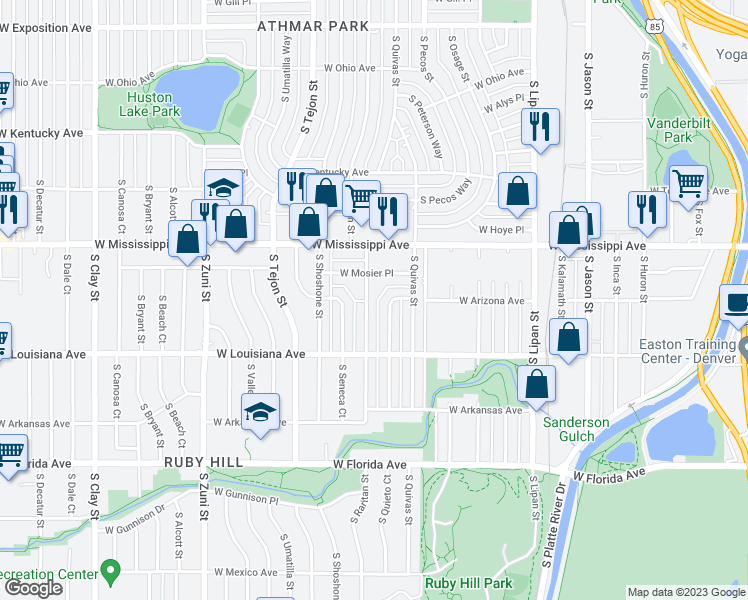 map of restaurants, bars, coffee shops, grocery stores, and more near 1229 South Raritan Street in Denver