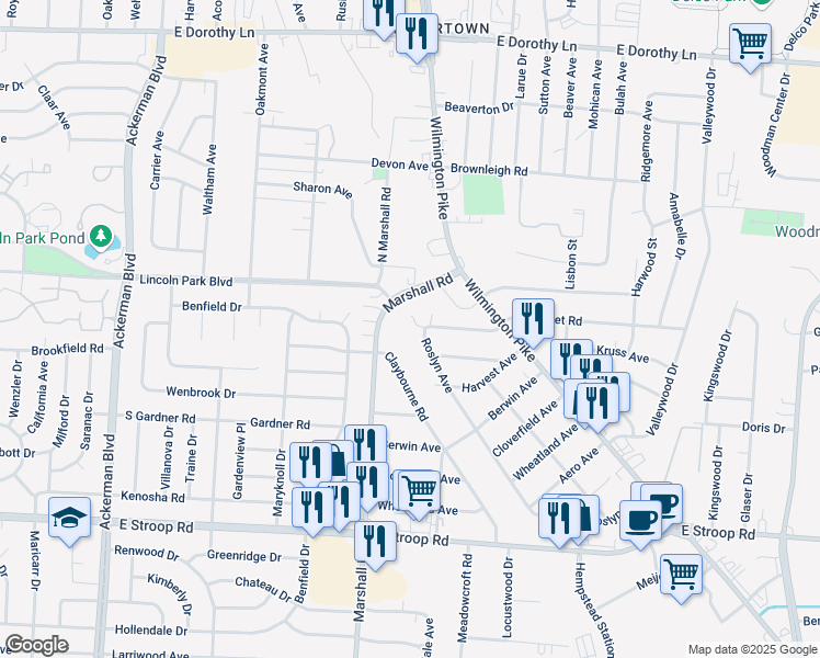map of restaurants, bars, coffee shops, grocery stores, and more near 3591 Roslyn Avenue in Dayton